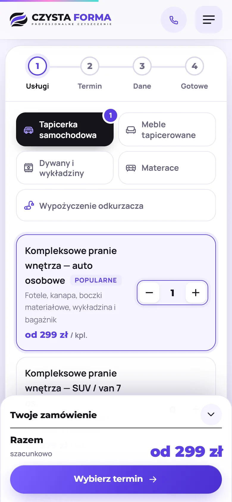 Kreator zamówienia Czystej Formy na telefonie – wybór usług z cenami i podsumowanie z przyciskiem „Wybierz termin”